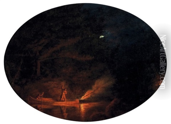 Moonlight - Salmon Fishing Oil Painting - Cornelius David Krieghoff