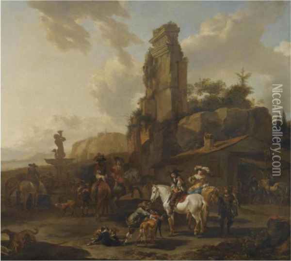An Italianate Landscape With A Hawking Party Resting By A Fountain Oil Painting - Nicolaes Berchem