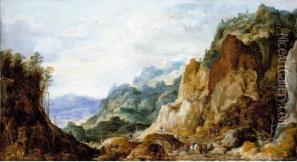 A Panoramic Mountainous Landscape With Journeymen Giving To The Poor, Packhorses Beyond Oil Painting - Joos De Momper