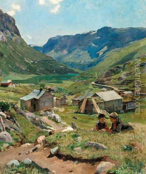Summer Day: View of the Valley at Skogstad (Sommerdag, utsikt over dalen ved Skogstad) Oil Painting - Eilif Peterssen