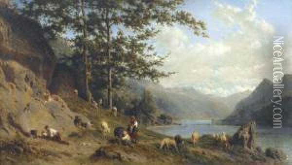 Ziegenhirten Am Sommerlichen Flussufer Oil Painting - Karl Girardet