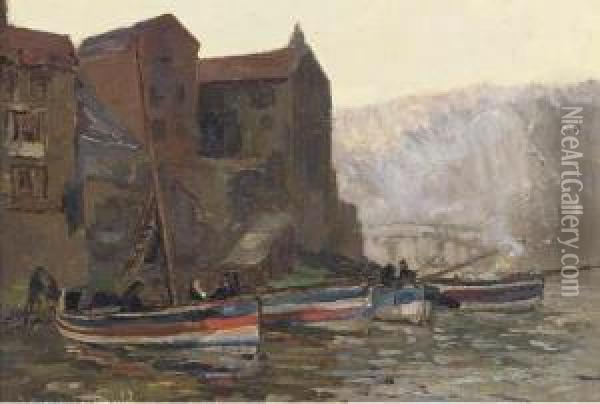 High Water, Staithes, Yorkshire; And Pilchards Oil Painting - Alexander Carruthers Gould