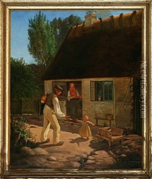 Summer Day With Parents And Their Child At A Village House Oil Painting - Johannes V. Jensen