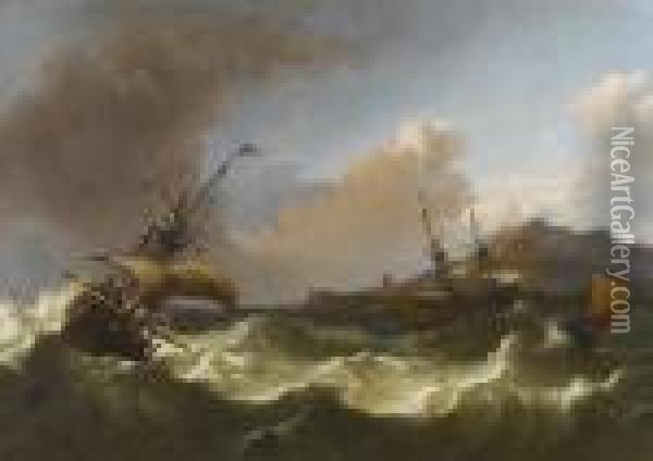 Dutch Shipping In Choppy Seas Off A Rocky Coastline Oil Painting - Ludolf Backhuysen