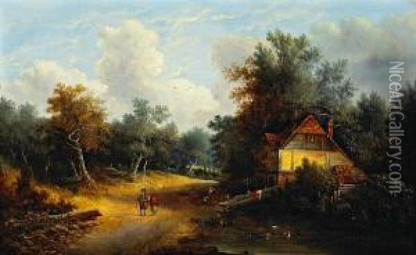 A Rural Landscape With Two Figures On A Path By A Cottage Oil Painting - E. C. Williams
