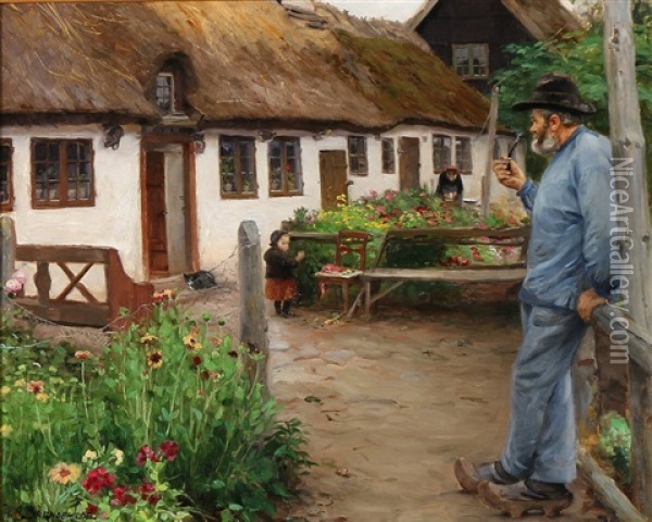 A Pipe Smoking Man In The Fishing Village Appenaes, Denmark Oil Painting - Hans Andersen Brendekilde