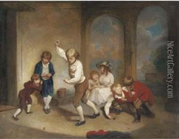 Boys Playing At Peg-top In The Cloisters At Westminsterschool Oil Painting - Richard Morton Paye
