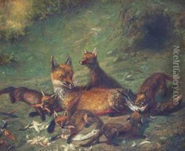 Junge, Spielende Fuchse Mit Ihrer Mutter Oil Painting - Friedrich Ruckert