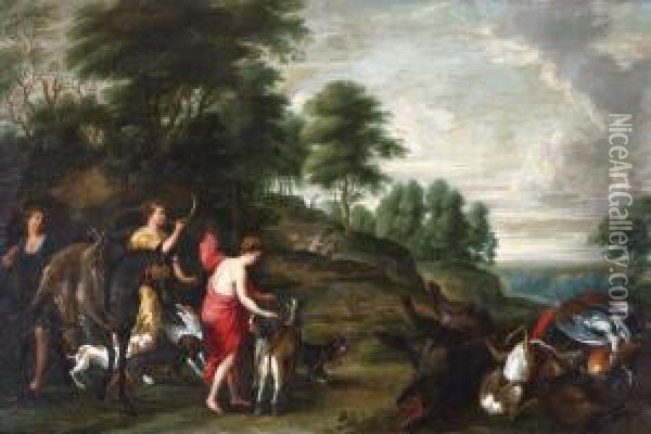 Venus Chasseresse Contemplant Ses Trophees Oil Painting - Hendrik van Balen