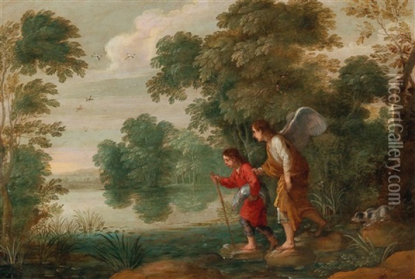 Tobias And The Angel Oil Painting - Adriaen Van Stalbemt