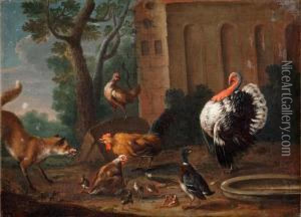 Fox In The Chicken Farm Oil Painting - Jan Weenix