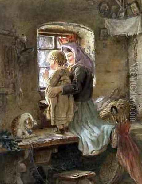 Interior Peasant girl and child Oil Painting - C. Goebel