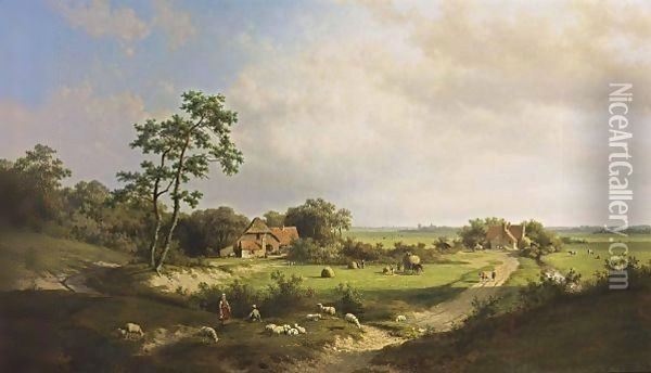 An Extensive Summer Landscape With Haying Farmers Oil Painting - Willem Vester