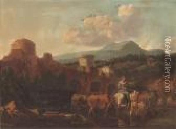 A Landscape With Drovers And Their Cattle Oil Painting - Nicolaes Berchem
