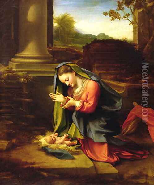 Our Lady Worshipping the Child, c.1518-20 Oil Painting - Antonio Allegri da Correggio