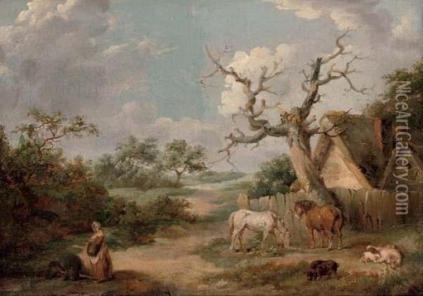 A Wooded Landscape With Figures In The Foreground And Horses And Pigs By A Cottage Oil Painting - James Ward