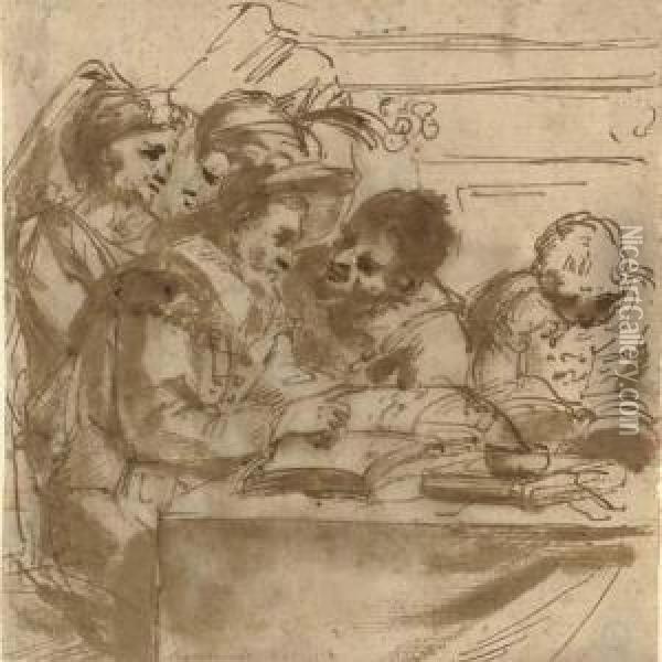 A Group Of Figures At A Table Reading Books Oil Painting - Gian Antonio Burrini