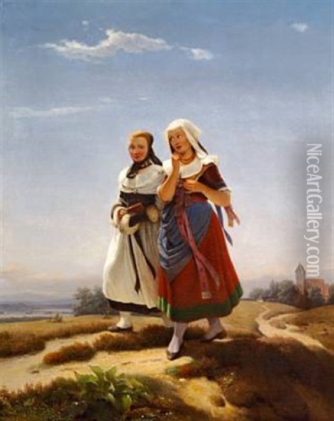Die Kirchengangerinnen Oil Painting - Carl Schroeder