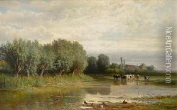 River Landscape With Cattle Watering Oil Painting - Hendrik D. Kruseman Van Elten