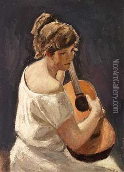 En Ung Pige Med Guitar Oil Painting - Christian Aigens
