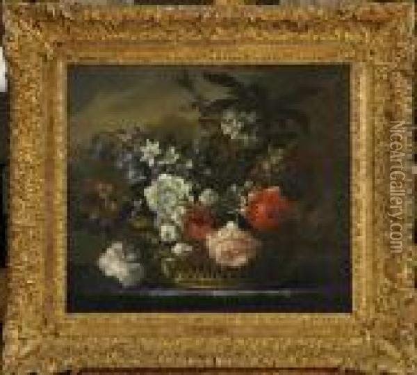 Still Life Of Mixed Flowers In A Basket Oil Painting - Jean-Baptiste Monnoyer