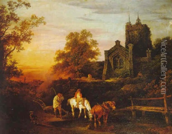A Sunset Evening, The Curfew Tolls The Knell Of Parting Day Oil Painting - Philip James de Loutherbourg