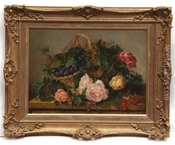 Still Life Study Of Mixed Flowers And Fruit In Basket On Marble Ledge Oil Painting - Emily Stannard