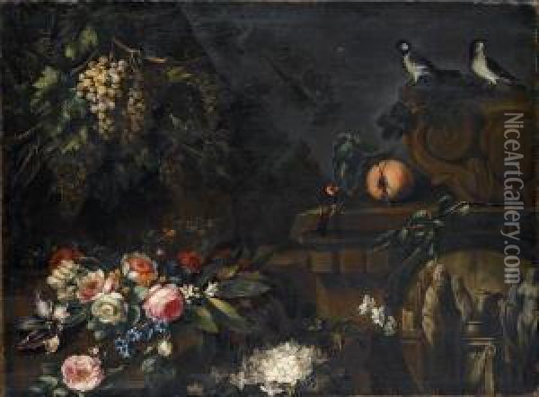 Rose, Anemoni E Gelsomini Con Frutta E Frammenti Architettonici Oil Painting - Vicenzino