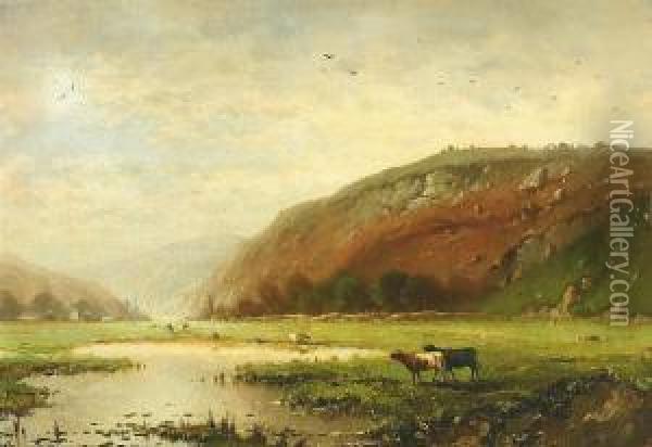 Landschaft Mit Weidendem Vieh Und Gewasser Oil Painting - Henri Pieron