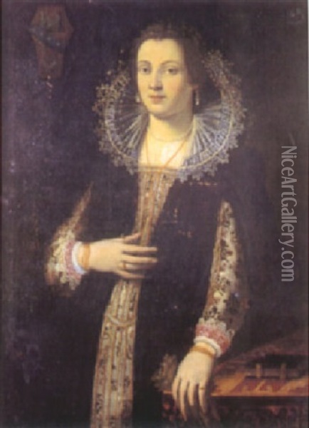 A Portrait Of A Lady With A Lace Collar Holding A Pair Of Gloves Oil Painting -  Bronzino