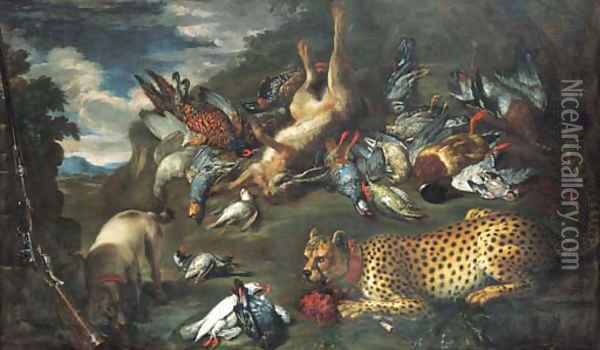 A hunting still life with a dead hare Oil Painting - Ferdinand Phillip de Hamilton