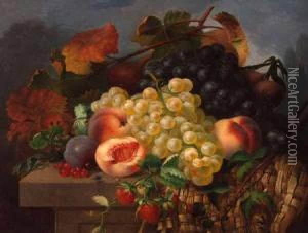Still Life Study Of Grapes, Peaches And Strawberries On A Ledge Oil Painting - Eloise Harriet Stannard