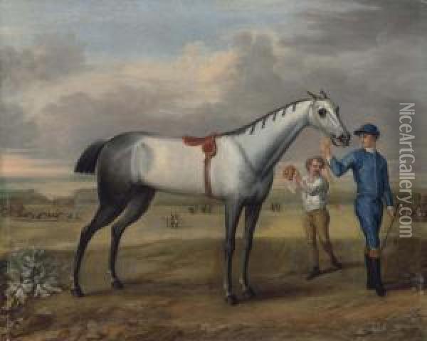 A Grey Racehorse Held By A Jockey Oil Painting - John Wootton