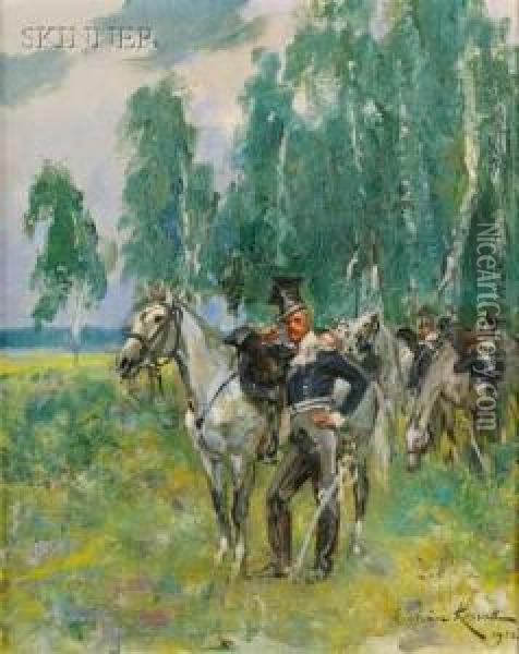 Lancers At Rest Oil Painting - Woiciech Ritter Von Kossak