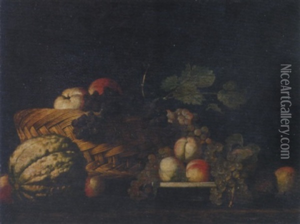 Apples And Grapes In A Wicker Basket, With Peaches On A White Plate And A Watermelon On A Stone Ledge Oil Painting - Fede Galizia