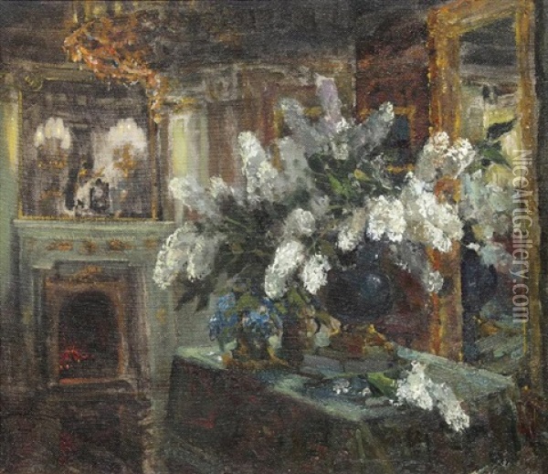 Interior Scene With Flowers, 1928 Oil Painting - Stanislav Yulianovich Zhukovsky