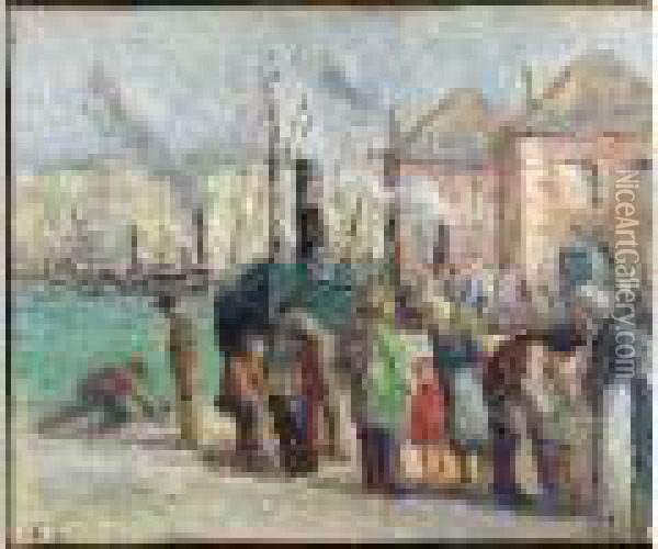 Dieppe, Personnages Au Port Oil Painting - Maximilien Luce