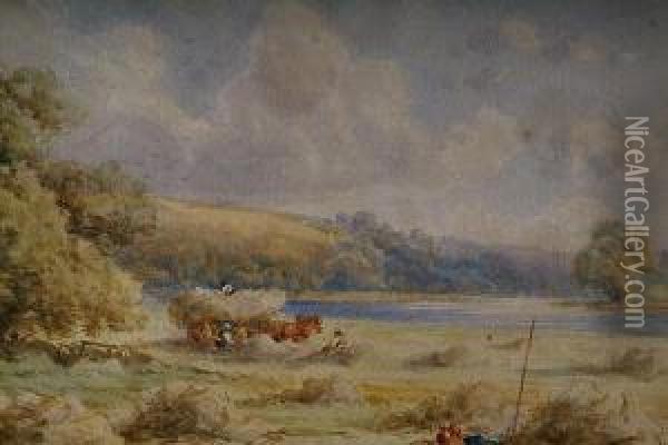 On The Thames Above Windsor, And Anothersimilar, A Harvesting Landscape, A Pair Oil Painting - Harry Pennell