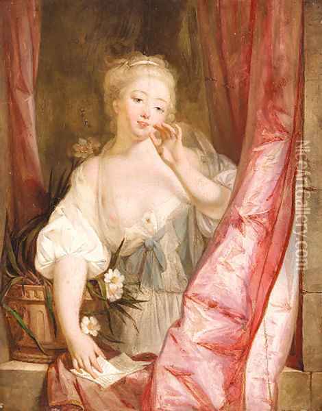 'Le Baiser envoye' A lady en deshabille holding a letter at a window Oil Painting - Jean Baptiste Greuze