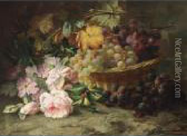 A Still Life With Roses And Grapes Oil Painting - Margaretha Roosenboom