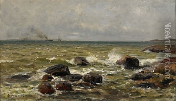 Kustvy Med Segelfartyg I Horisonten Oil Painting - Berndt Adolf Lindholm