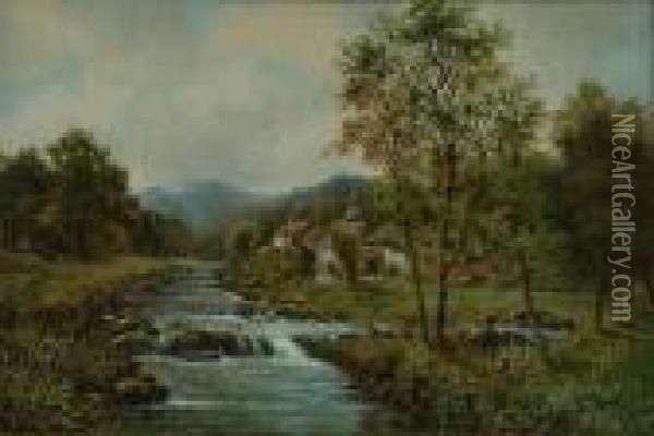 Cottages Beside An Upland River Oil Painting - Octavius Thomas Clark