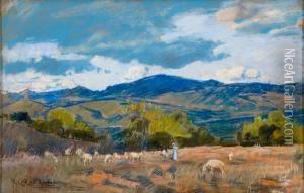Paesaggio Con Gregge E Pastorella Oil Painting - Umberto Coromaldi