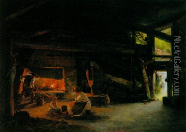 The Blacksmith's Forge Oil Painting - Anton Burger