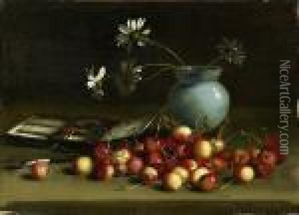 Cherries, Paintbox And Daisies Oil Painting - James Stuart Park