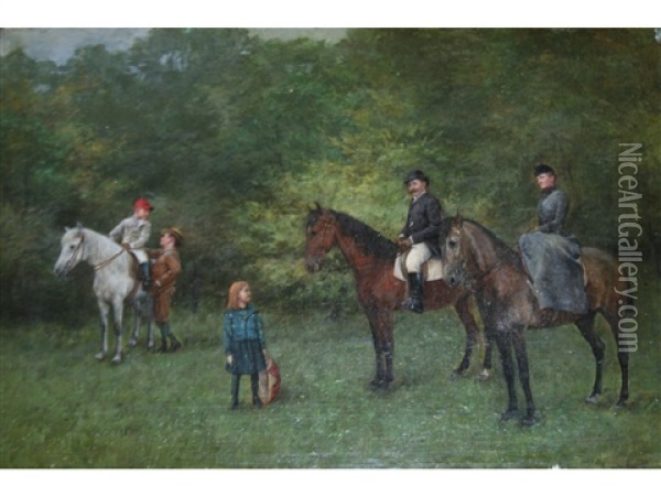 A Family With Their Horses Oil Painting - Jenoe (Eugen) Kemendy
