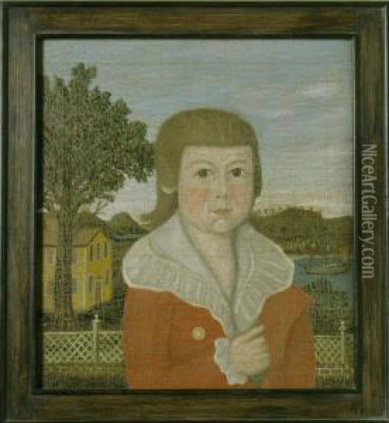 A Young Boy In A Red Jacket, Yellow House In Background: A Portrait Of Samuel Tracy Coit Oil Painting - Joseph Steward