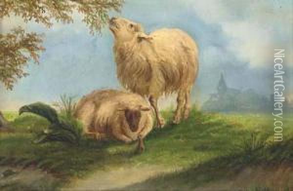 Sheep In A Landscape Oil Painting - Joseph Van Dieghem