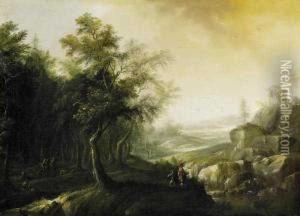 Wide Riverscape With Wanderers On The Fringe Of The Forest Oil Painting - Adriaen Van Diest