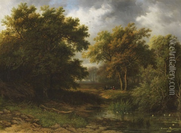 Waldlandschaft Mit Weiher Und Rastenden Oil Painting - Willem Bodemann